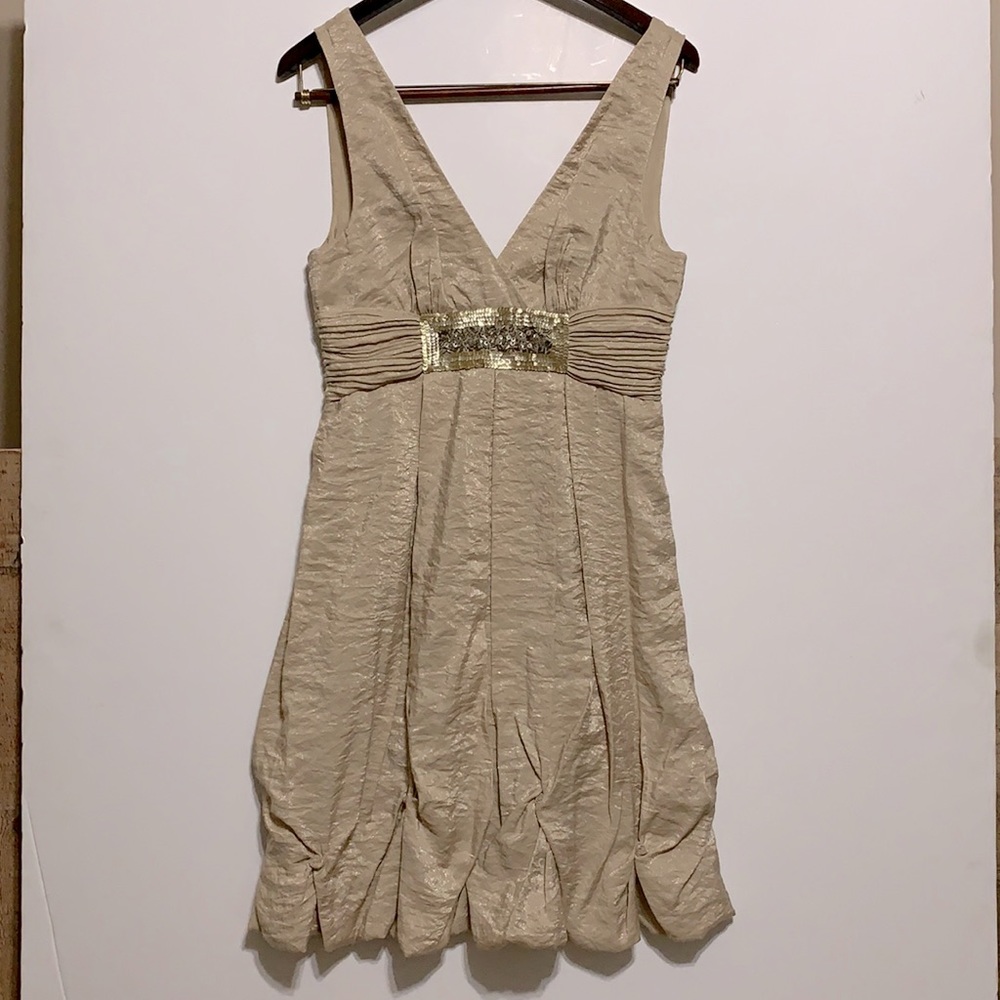 BCBG MaxAzria Beige Metallic Gold Sequin Ruched Dress Sz 8